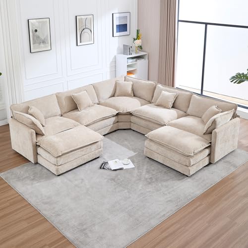 Oversized Modular Sectional Sofa, 7 Seater Deep Seat Cloud Couch Sectional | Chenille U Shaped Corner Couch | 7 Pillows, 2 Ottomans | Sectional Couches for Spacious Living Room, Large Families| Camel