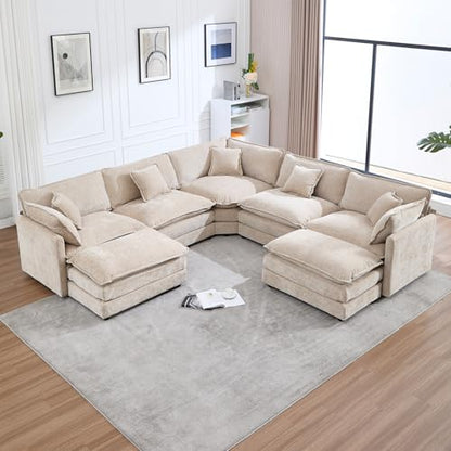 Oversized Modular Sectional Sofa, 7 Seater Deep Seat Cloud Couch Sectional | Chenille U Shaped Corner Couch | 7 Pillows, 2 Ottomans | Sectional Couches for Spacious Living Room, Large Families| Camel