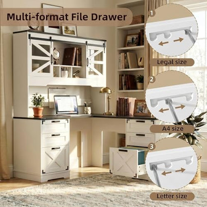 Farmhouse L Shaped Executive Desk with Hutch and 6 Drawer, 57" Home Office Desk with Power Outlet and 2 File Drawers, Corner Computer Desk with Storage Shelves and Sliding Door for Home Office