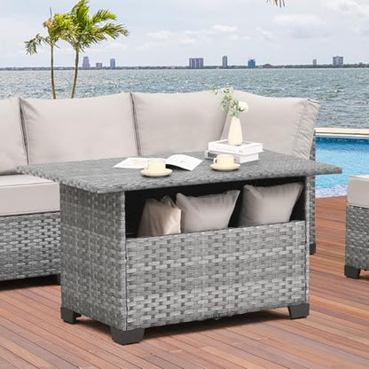 Outdoor PE Wicker Coffee Table - Patio Rattan Garden Furniture Multi-Functional Storage Tea Dining Table, Grey