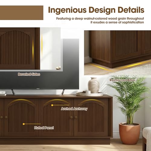 Fluted TV Stand for 75 Inch TVs, Modern Entertainment Center, Walnut, view 3