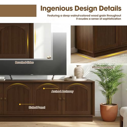 Fluted TV Stand for 75 Inch TVs, Modern Entertainment Center, Walnut, view 3