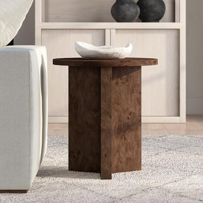 20" Round Side Table, Nightstand, End Table, Walnut Burl | Scandinavian-inspired round end table with an X-base and clean lines for living rooms, offices, or bedrooms