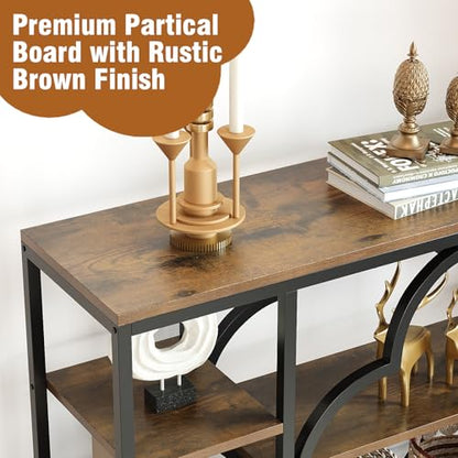 47" Farmhouse Console Tables for Entryway Retro Sofa Table Behind Couch Open Display Storage Shelves for Foyer, Hallway, Front Door,Living Room,Elegant Four-Leaf Clover (Rustic Brown, 47")