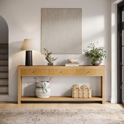 Tribesigns 70.9 inch Extra Long Entryway Table with 3 Drawers, Sofa Console Table with Open Storage Shelves, Oak Color Furniture, Wooden Couch Foyer Tables for Living Room Hallway Entrance
