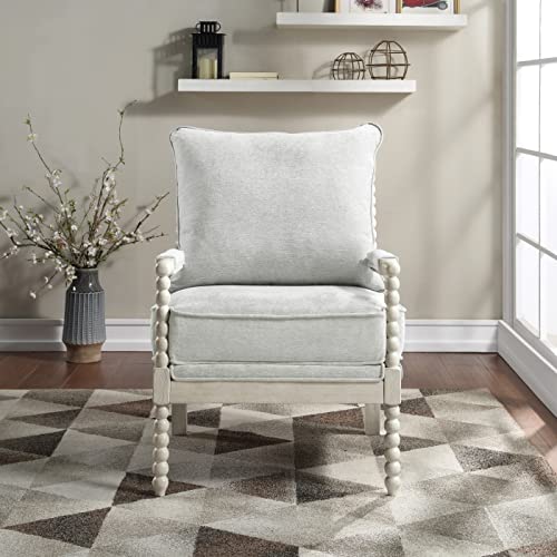 Kaylee Spindle Accent Chair with Antique White Wood Frame, Smoke Grey Fabric