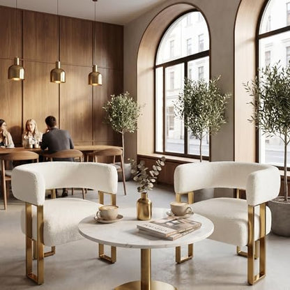 Barrel Accent Chairs Set of 2, Modern Side Chair with Golden Metal Legs, Sherpa Upholstered Reading Armchair, Boucle Club Chairs for Living Room/Reception Room/Bedroom/Office, White