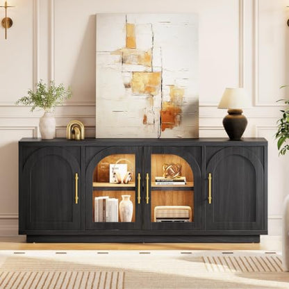 63" Modern TV Stand with LED Lights and Storage, Black TV Cabinet, view 2