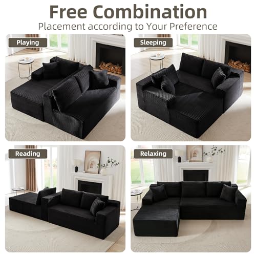 104 Inch Cloud Sectional Couch with L-Shape Chaise,Modern Upholstered Couches with Deep Seat,Corduroy Sponge Compressed Sofa for Living Room,No Assembly Required (Black)