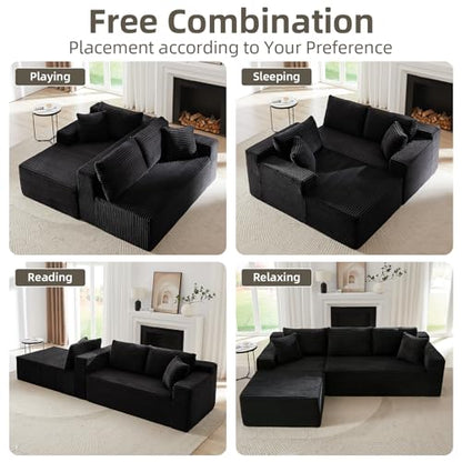 104 Inch Cloud Sectional Couch with L-Shape Chaise,Modern Upholstered Couches with Deep Seat,Corduroy Sponge Compressed Sofa for Living Room,No Assembly Required (Black)