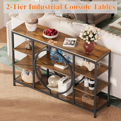 47" Industrial Console Tables for Entryway Rustic Sofa Table Behind Couch 4 Tier Wooden Shelves Entry Table with Storage for Foyer, Hallway, Front Door,Living Room (Rustic Brown, 47")