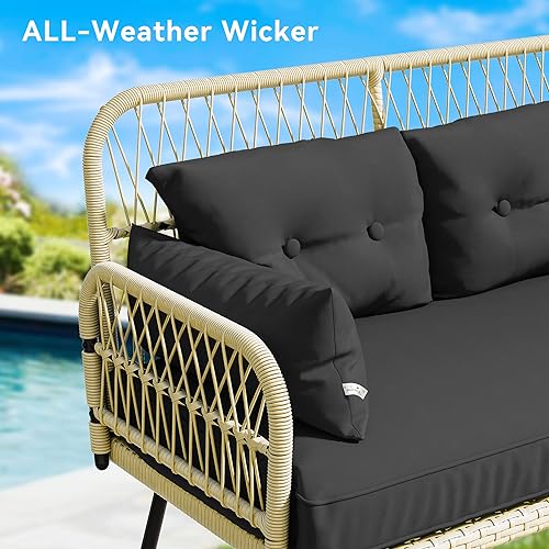 2-Piece Patio Furniture Wicker Outdoor Loveseat, All-Weather Rattan Conversation for Backyard, Balcony and Deck with Soft Cushions and SideTable (Light Brown+Black)