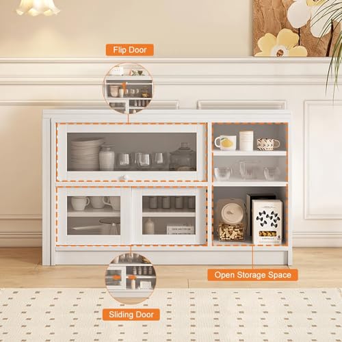 47" Large Buffet Sideboard Cabinet Extendable Wood Kitchen Storage Cabinet with 3 Doors, Foldable Dining Table with Extension Leaves, White (White)