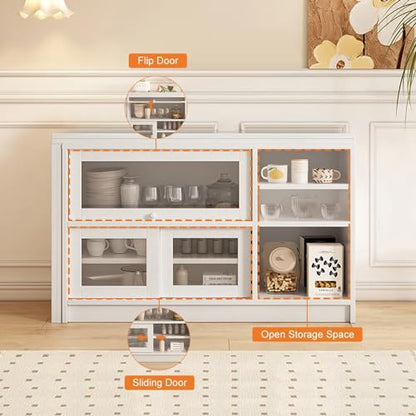 47" Large Buffet Sideboard Cabinet Extendable Wood Kitchen Storage Cabinet with 3 Doors, Foldable Dining Table with Extension Leaves, White (White)