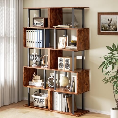 6 Tier Bookshelf, S Shaped Geometric Bookcase, Rustic Brown, view 3