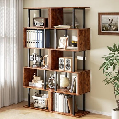 6 Tier Bookshelf, S Shaped Geometric Bookcase, Rustic Brown, view 3