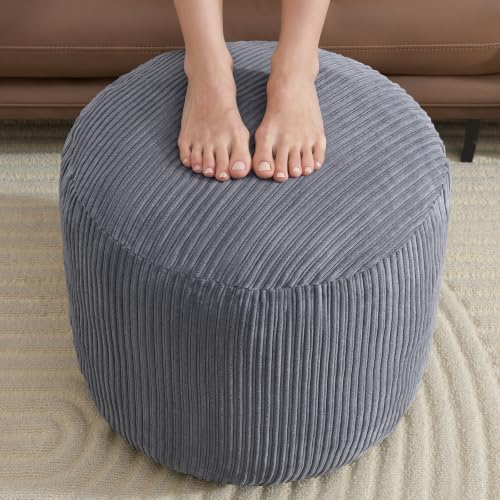 Pouf Ottoman, Corduroy Round Gray Foot Stools Ottomans, 20x15in, view 3