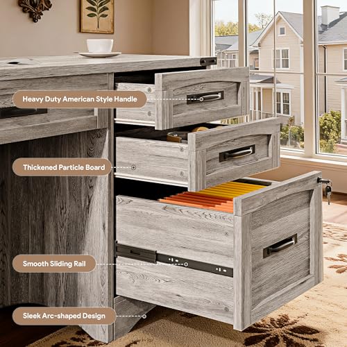Farmhouse Computer Desk with 5 Drawers and Power Outlets, view 4