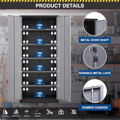 Metal Cabinet Steel Storage Cabinet - 71” Tall File Cabinets with Lockable Doors and 5 Adjustable Shelves Black&Gray Steel Storage Cabinets for Home, School, Office, Garage