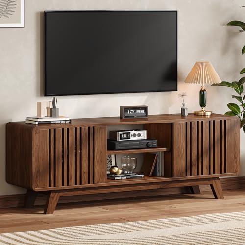 63-Inch TV Stand for TVs up to 75 Inch, Mid-Century Modern Television Stand with Power Outlet, Entertainment Center with Sliding Grille Door Cabinets and Open Shelves for Living Room, Walnut