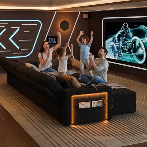 107'' LED Sectional Sleeper Sofa with Pull Out Couch Bed, U Shaped Couch with Storage Chaise, Adjustable Backrest & USB & 2 Pillows, Modern Chenille Home Sofa Living Room Furniture Set, Black