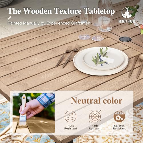7pc Patio Dining Set, Wood-Like Metal Table, 6 Brown Chairs | 60" rectangular table with umbrella hole. Waterproof, rust-resistant, all-weather for backyard, porch