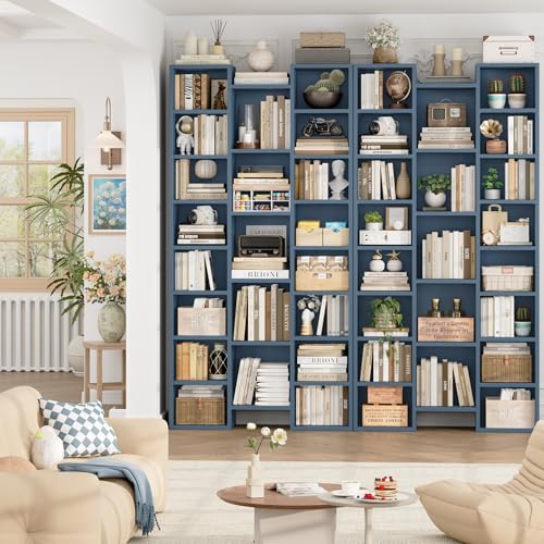 71'' Tall Bookshelf with 21 Cubes, 8 Tier Triple Wide Bookshelf with 8 Adjustable Shelves, 35" Large Bookcase DVD/CD Media Tower Storage, Freestanding Display Shelf Cabinet, Blue
