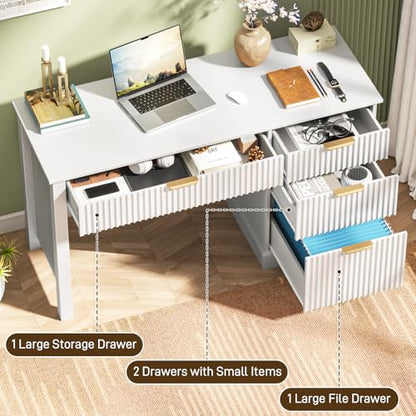Fluted Executive Desk with Drawers, Wood Computer Desk with Ample File Drawer, view 4
