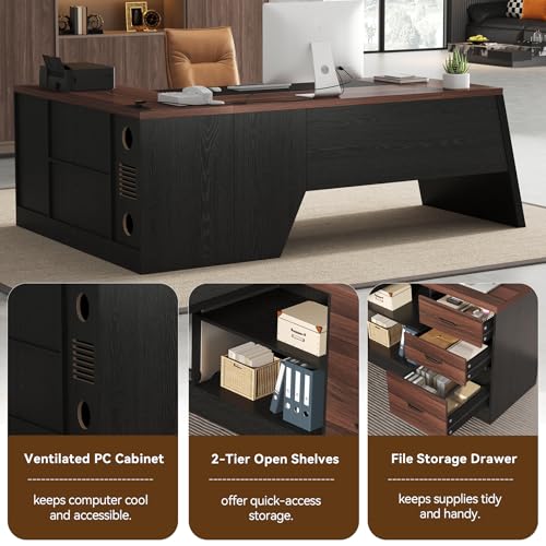 78-Inch L-Shaped Executive Desk with Drawer, Walnut Brown Black, view 6