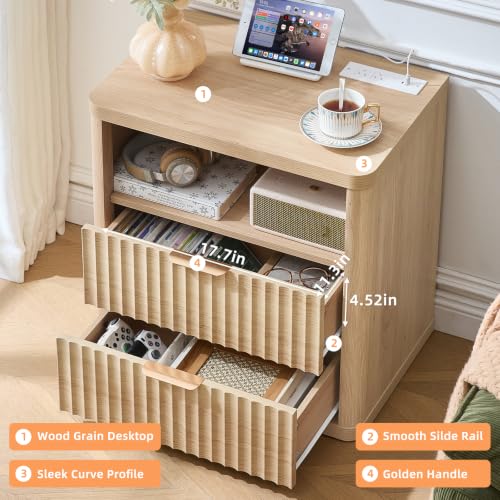 Fluted Farmhouse Nightstand Set of 2 with Charging Station, view 3