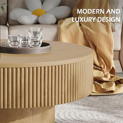 31.5” Round Fluted Coffee Table, Modern Wood Circle Coffee Table, Veneer Handcrafted Relief Tea Table with Sturdy Pedestal for Living Room - Natural