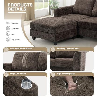87" Chenille 3 Seater Couch with Soft Ottoman, Brown | L-Shape Sectional Sofa with Durable Cup Holders, Upholstered Sofa with Comfy Backrests for Living Room, House