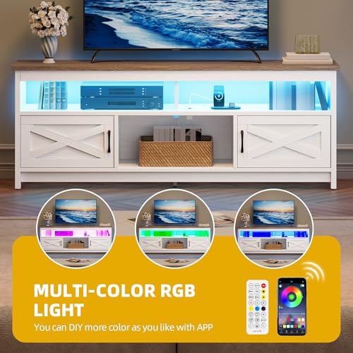 Farmhouse TV Stand with Power Outlet for 75 Inch TV, Grey Washed/White, view 5