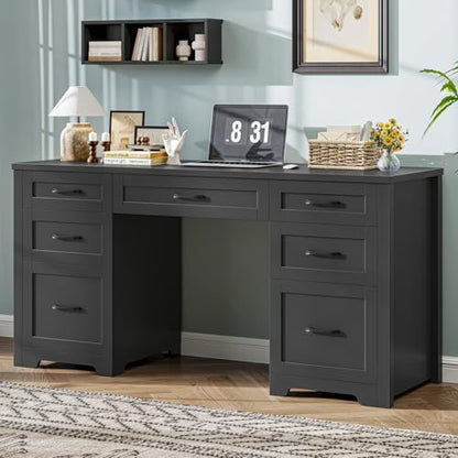 Farmhouse 61'' Executive Desk with 7 Drawers, Rustic Office Desk Computer Table with File Drawers, Wood Workstation for Study and Home Office,Pure Black