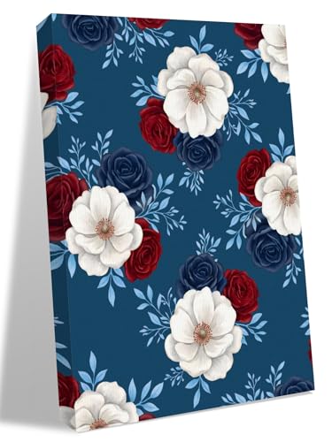 NuYeBiofx Independence Day Floral Canvas Wall Art Prints,48"x32" Framed Picture Artwork Red White Blue Roses Pattern Printed Canvas Oil Painting for Living Room Bedroom Office,Ready to Hang