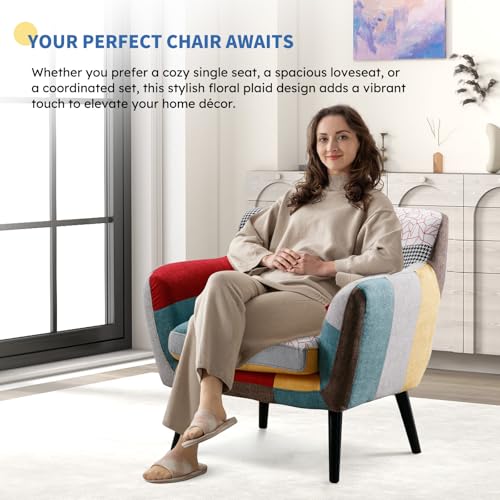 Modern Oversized Accent Chair for Living Room, Colorful Boho Linen Fabric Upholstered Armchair with Wood Legs, Single Chair