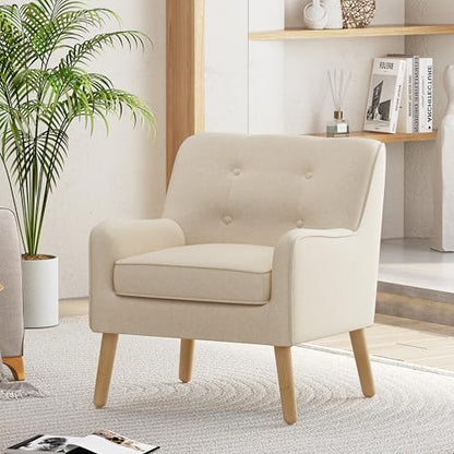 Felicity Mid-Century Modern Fabric Upholstered Accent Chair, Wooden Living Room Club Chair, Bedroom Comfy Reading Chair, Beige