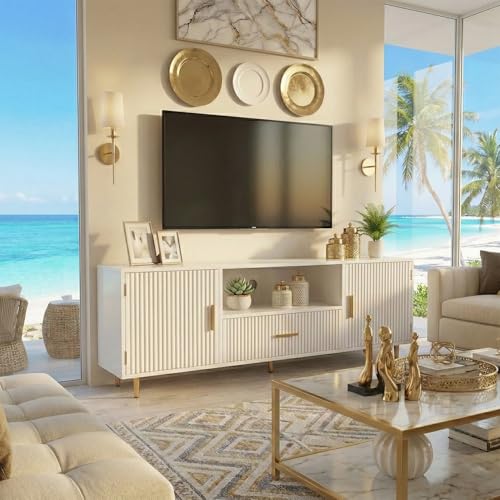 Modern Fluted TV Stand for 55/60/65 Inch TV, 57" Entertainment Center Media Console Table with Drawer & Storage Cabinets, Ribbed Design TV Cabinet Credenza for Living Room, White