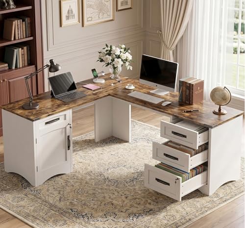 67" Farmhouse L Shaped Standing Desk with Drawers Home Office Executive Desks with Fast Charging Station, Lockable File Cabinet, Wood Writing Computer Desk for Work, Study, White