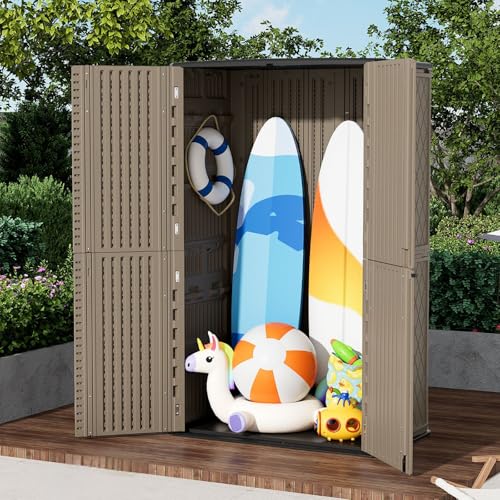 Large 67 Cu.ft Waterproof Storage Shed, Outdoor Storage Cabinet，Durable Resin Sheds for Patio Furniture, Garden Tools, Pool Accessories, Mower Storage (Coffee)