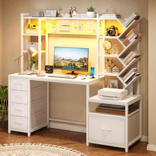 61.4" Computer Desk with Bookshelf, 5 Drawers, Desk with Hutch, Outlet, LED, view 6