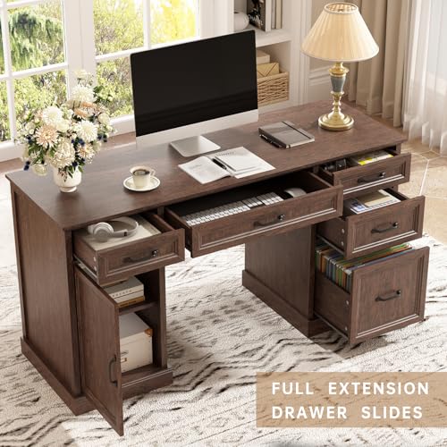 58'' Farmhouse Executive Desk with Drawers, Home Office Desk with File Drawer and Storage Cabinet, Rustic Computer Desk for Working, Studying, Writing, Brown