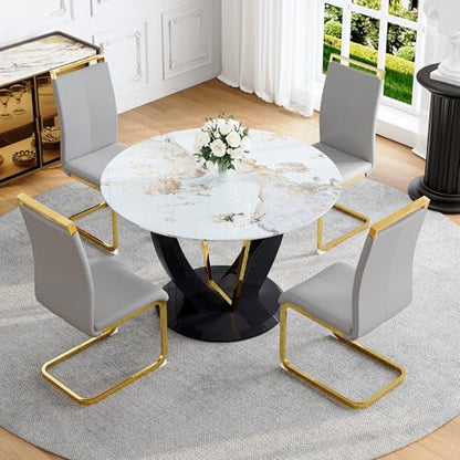 Round Faux Marble Dining Table Set for 4, Modern 42" Temepred Glass Tabletop with Black Glossy Pedestal, 5 Piece Circle Kitchen Table Set with 4 Upholstered Chairs