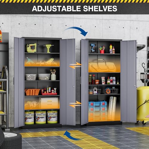 Metal Cabinet Steel Storage Cabinet - 71” Tall File Cabinets with Lockable Doors and 5 Adjustable Shelves Black&Gray Steel Storage Cabinets for Home, School, Office, Garage