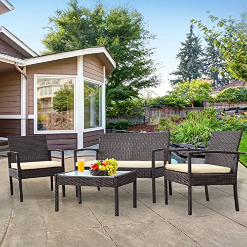 4 Piece Outdoor Patio Furniture Set, Rattan Patio Conversation Set | Thick Polyester Cushions, Tempered Coffee Table, Steel Frame Easy Assembly, Suit for Backyard Porch Poolside Balcony, Beige