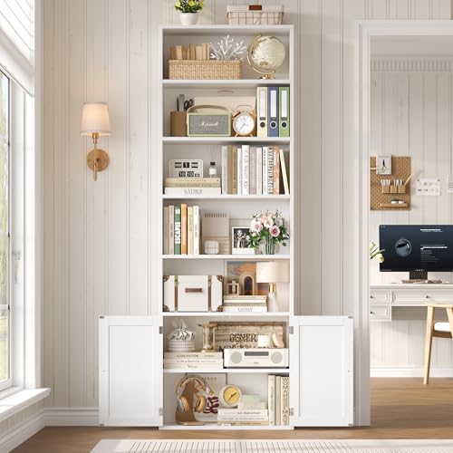82" Tall Bookcase and Book Shelf, 24" Wide Bookshelf with Doors, 7 Tier Bookcase with Storage and Adjustable Shelf, Open and Display Farmhouse Bookshelf for Living Room, Home Office, White