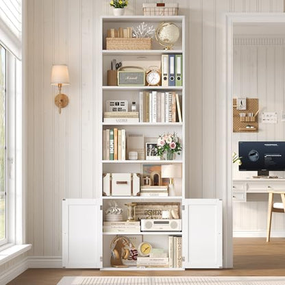 82" Tall Bookcase and Book Shelf, 24" Wide Bookshelf with Doors, 7 Tier Bookcase with Storage and Adjustable Shelf, Open and Display Farmhouse Bookshelf for Living Room, Home Office, White