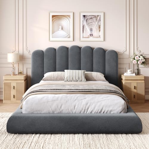 Queen Size Cloud Bed Frame with Wave Headboard, Plush Foam Upholstered Platform, view 4