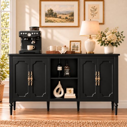 59" Vintage Sideboard Buffet Cabinet with Adjustable Shelves, Black, view 2