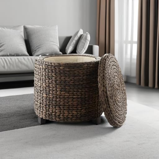 17" Round Storage Ottoman with Lid - Espresso Dark Brown, Handwoven Water Hyacinth Footstool for Living Room, Bedroom, Bathroom, Home Office